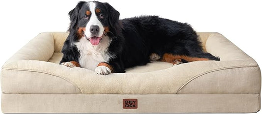 EHEYCIGA Memory Foam XXL Dog Bed for XLarge Sized, Extra Large Orthopedic Dog Sofa with Sides and Waterproof Liner, Washable Bolster Pet Couch with Removable Cover, 52x41x8 Inch, Beige-PurrikoPets