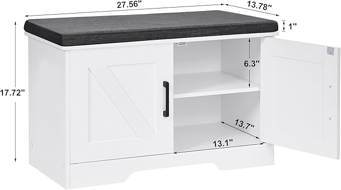 2-Tier Storage Bench, Shoe Bench with Padded Seat Cushion, Entryway Bench with 2 Barn Doors, Adjustable Shelf, 13.8" D x 27.6" W x 17.7" H, for Entryway, Living Room, Bedroom, White-PurrikoPets