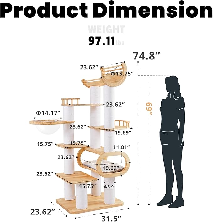 74.8" Modern Cat Tree for Indoor Cats, Tall Wood Cat Tower with Scratching Post, Heavy Duty Luxury Condo with Removable Mats, Multi-Level Cat Furniture for Cats-PurrikoPets
