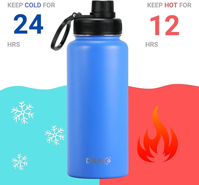 DRINCO Stainless Steel Water Bottle Spout Lid Vacuum Insulated Double Wall Water Bottle Wide Mouth (40oz 32oz 22oz 18oz 14oz) Leak Proof Keep Cold Sport Camping Hiking (32 oz, 32oz Royal Blue)-PurrikoPets