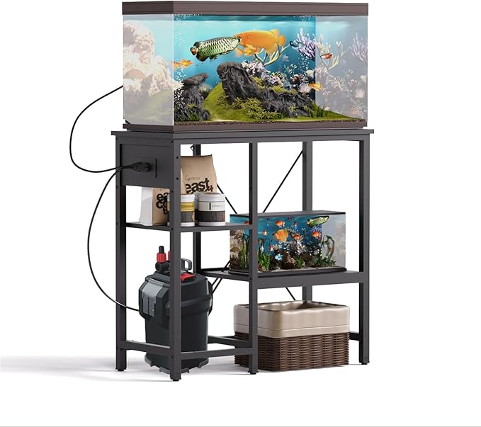 20-29 Gallon Fish Tank Stand with Power Outlet & LED Light, Metal Aquarium Stand with 3 Tier Adjustable Storage Shelves, Tank Stand for Reptile Tank, Turtle Tank, 30.7" L*13.8" W, Black-PurrikoPets