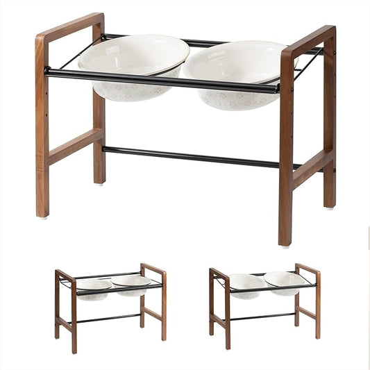 8.7inch Ceramic Adjustable Raised Double Bowls Set with Stand, 3 Heights Elevated, 2 Placement Options, Food and Water Dishes for Large Dog(Double Bowls+Stand, Reactived Glaze -White)-PurrikoPets