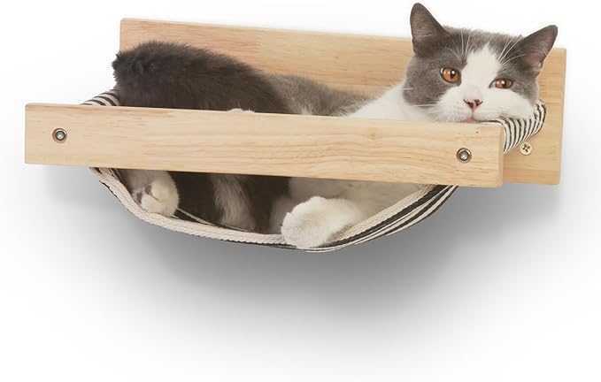 FUKUMARU Hammock Wall Mounted Cat Beds and Perches, Wooden Kitten Walls Furniture, Stable Cats Shelves for Sleeping, Playing, Climbing, and Lounging, Black Stripe-PurrikoPets