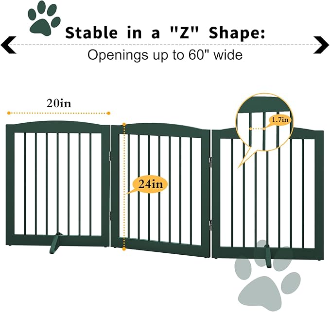 Freestanding Pet Gate for Dogs, Foldable Wooden Dog Gate for House, Indoor Dog Gate for Doorways, Stairs, Step Over Pet Puppy Safety Fence, Support Feet Included,24" Height 3 Panels,Green-PurrikoPets