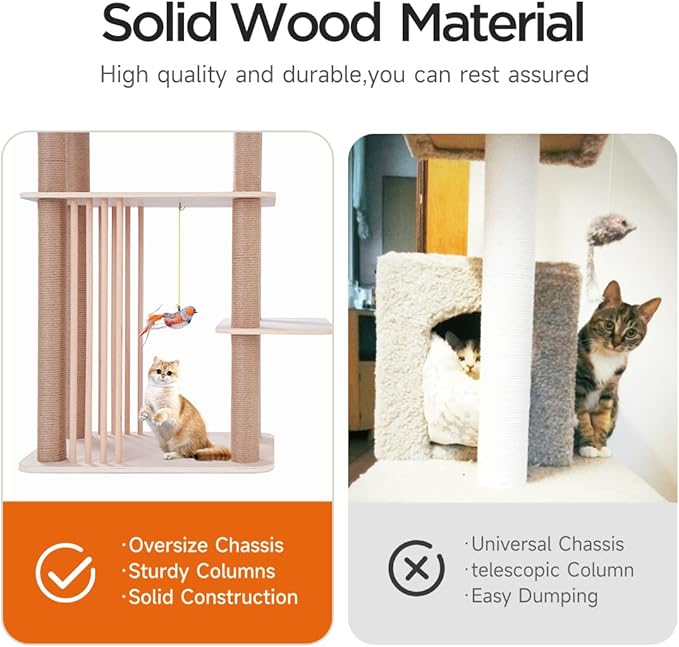 68" Large Cat Tree, Solid Wood Multi-Level Cat Tower with Scratching Posts, Fun Toys, and Washable Plush Platform for Indoor Cats-PurrikoPets