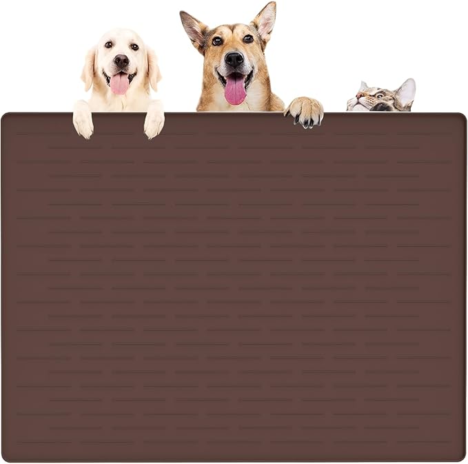 39.4"x29.5" Largest Pet Food Mat, Silicone Dog Mats for Food and Water, Nonslip Pet Feeding Mats for Floors,Dog Cat Bowl Mat with Raised Edges, Dark Brown-PurrikoPets