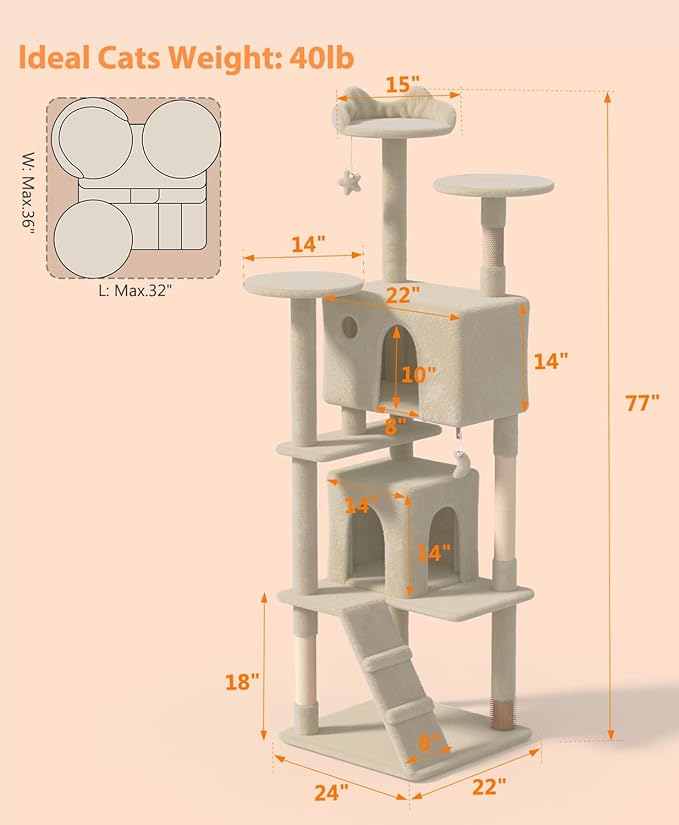 77'' Cat Tree Tower for Indoor Cats Large Adult, Cute/Tall Modern Cat Tree for Big Cats 20 lbs, Plush Multi-Level Cat Condo with Scratching Posts, Dangling Ball for Fun Play (Beige, 77 inch)-PurrikoPets
