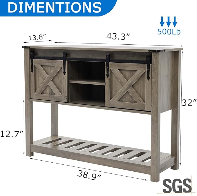 Entryway Table with Storage, Farmhouse Buffet Cabinet Coffee Bar Kitchen Island with Sliding Barn Doors & Shelves, Console Table for Kitchen, Dining Room, Living Room, Grey-PurrikoPets