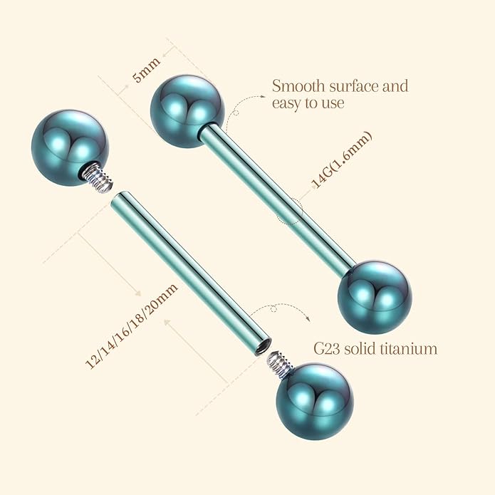 AROWRO Nipple Piercing Jewelry G23 Titanium Nipple Rings Tongue Rings Nipple Bar 14G Internally Threaded Straight Barbells Bridge Piercing Jewelry 12mm-20mm