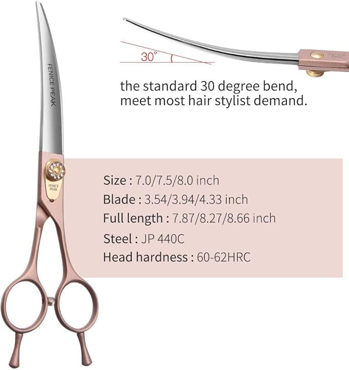 Fenice Peak Professional Curved Dog Grooming Scissors 7.5'' Rose Gold 440C Stainless Steel Pet Cutting Shears Safety Trimming Shearing for Dogs Cats-PurrikoPets