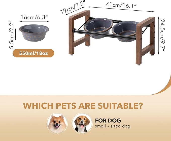 6.3inch Ceramic Adjustable Raised Double Bowls Set with Stand, 3 Heights Elevated, 2 Placement Options,Food and Water Bowls for Adult Cat Small and Medium Dog(Reactived Glaze -Grey)-PurrikoPets