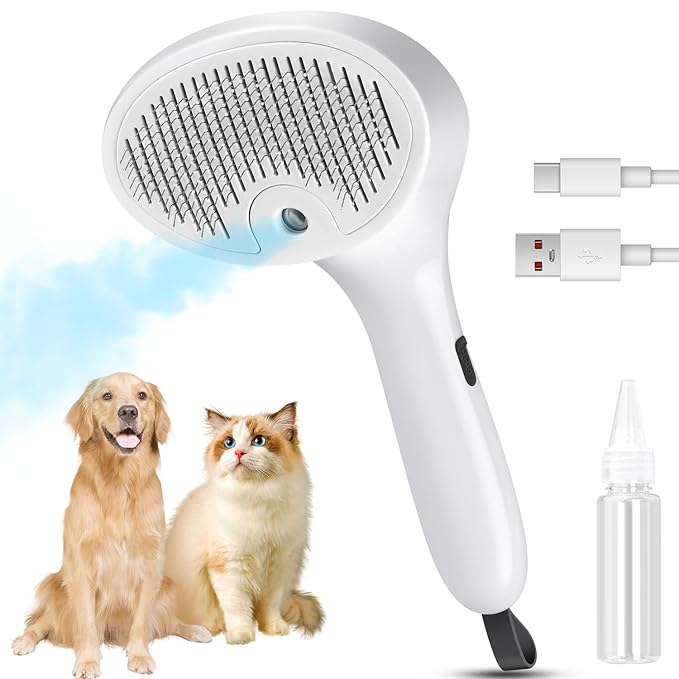 3 in 1 Cat Steam Brush for Cats & Dogs, Pet Spray Hair Removal Comb for Shedding & Grooming, Rechargeable Water Brush for Long & Short Haired Pets with Release Button(White)-PurrikoPets