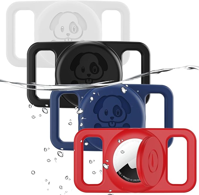 4 Pack Waterproof AirTag Dog Collar Holder Compatible with Apple AirTag, Silicone Hidden Loop Holder for Airtag Tracker, Anti-Lost Dog Collar Air Tag Accessories(Black,White,Red,Blue)-PurrikoPets