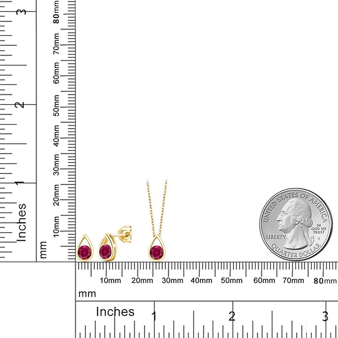 Gem Stone King 18K Yellow Gold Plated Silver 5MM Round Gemstone Birthstone Teardrop Pendant Earrings Set | Jewelry Set for Women | With 18 Inch Chain