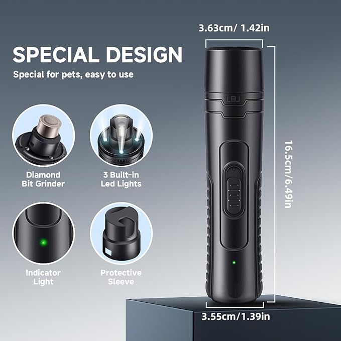 Dog Nail Grinder Quiet 2-Speed Pet Nail Grinder with 3 Led Lights and 3 Ports Rechargeable Electric Dog Nail Trimmer for Large and Small Dogs/Cats and Small Animals Safe (Black)-PurrikoPets