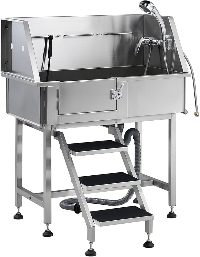 Albott 34 Inch Stainless Steel Dog Washing Station with Non-Slip Steps, Sprayer, Faucet, Tow Rope – Professional Pet Bathtub for Small Dogs, Great for Home, Garage, Salon (Left Door)-PurrikoPets