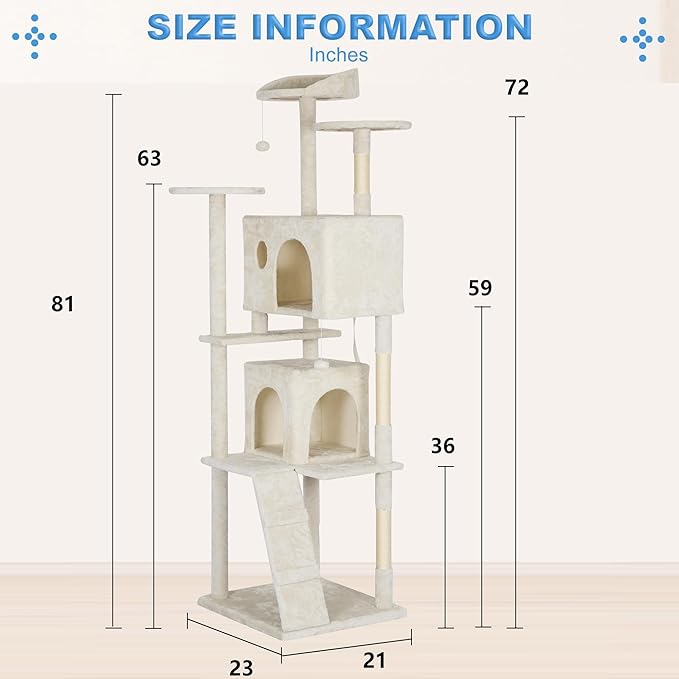FDW Cat Tree Tower 81in Multi-Level Durable Cat Scratching Post & Cozy Fun Jumping Platform Space Saving Condo Pet Play House for Indoor Cats,Beige-PurrikoPets