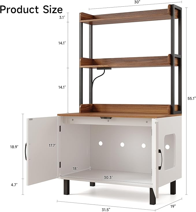 55 Inches Cat Litter Box Enclosure, Hidden Litter Box Furniture with 2 Storage Shelves and Charging Sockets, Wooden Cat House, Large Indoor Cabinet for Living Room & Entryway, White-PurrikoPets