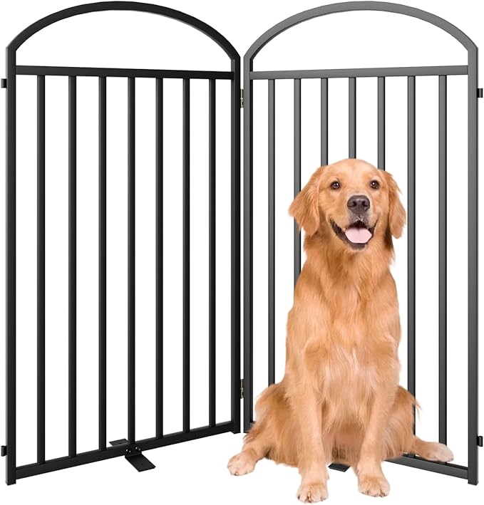 2 Panles Full Matel Freestanding Dog Gates with Door, 48"Extra Wide 36"Tall Free Standing Dog Pet Gate for Indoor & Outdoor. Foldable Pet Fences for Doorways, House, Stairs, Porch, Deck, Yard-PurrikoPets