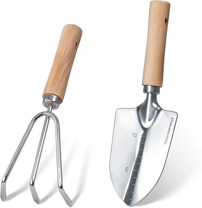 Garden Tool Set, 2 Pieces Stainless Steel Heavy Duty Garden Tools, Gardening Kit with Wooden Handle Garden Hand Tools, Durable Garden Tools for Gardening, Gardening Gifts for Women Men-PurrikoPets