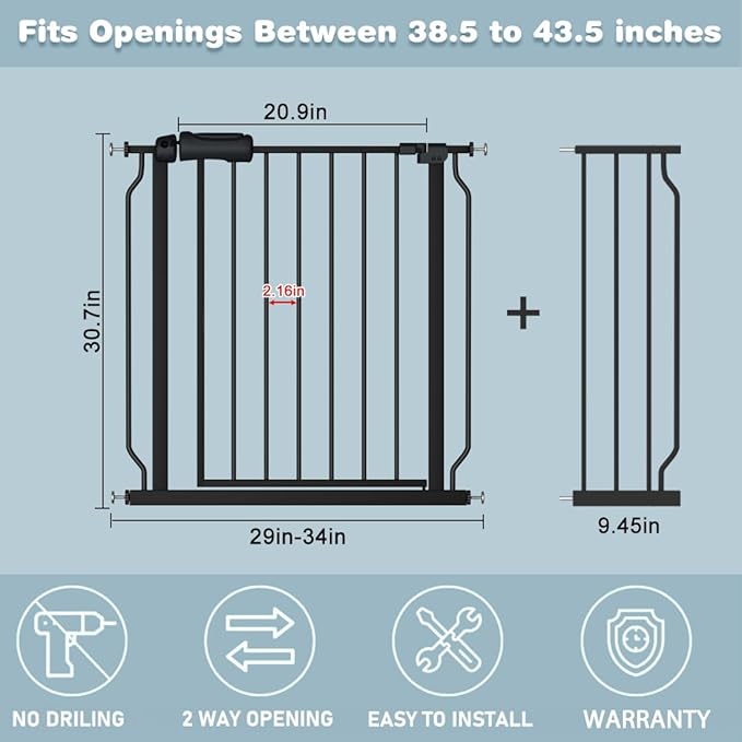Extra Wide Black Baby Gate 38.5-43.5 Inch Walk Through Pressure Mounted Safety Gate No Drill Tension Metal Gate for Dog Cat and Infant Toddler-PurrikoPets