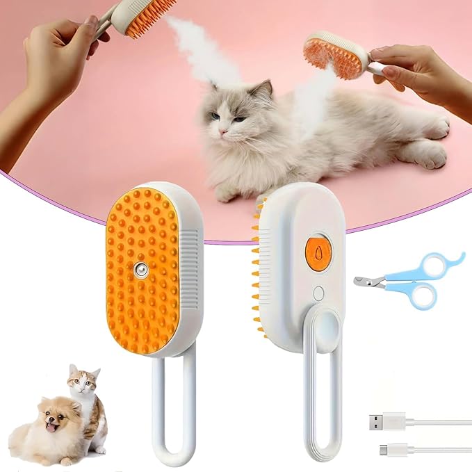 4 in 1 Pet Steam Brush, Cat Steam Brush, Quick & Easy Pet Hair Remover, Massaging & Deshedding - Anti-Static, Moisturizing, USB Rechargeable for Dogs & Cats (White)-PurrikoPets