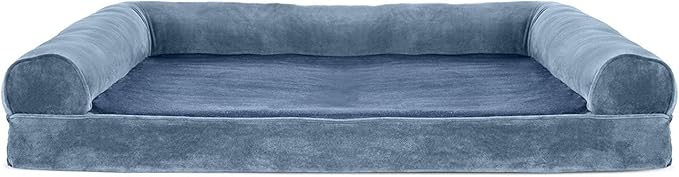 Furhaven Orthopedic Dog Bed for Large Dogs w/ Removable Bolsters & Washable Cover, For Dogs Up to 95 lbs - Faux Fur & Velvet Sofa - Harbor Blue, Jumbo/XL-PurrikoPets