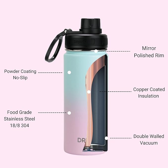 DRINCO Stainless Steel Water Bottle Spout Lid Vacuum Insulated Double Wall Water Bottle Wide Mouth (40oz 32oz 22oz 18oz 14oz) Leak Proof Keeps Cold or Hot (18 oz, 18oz Macaron)-PurrikoPets