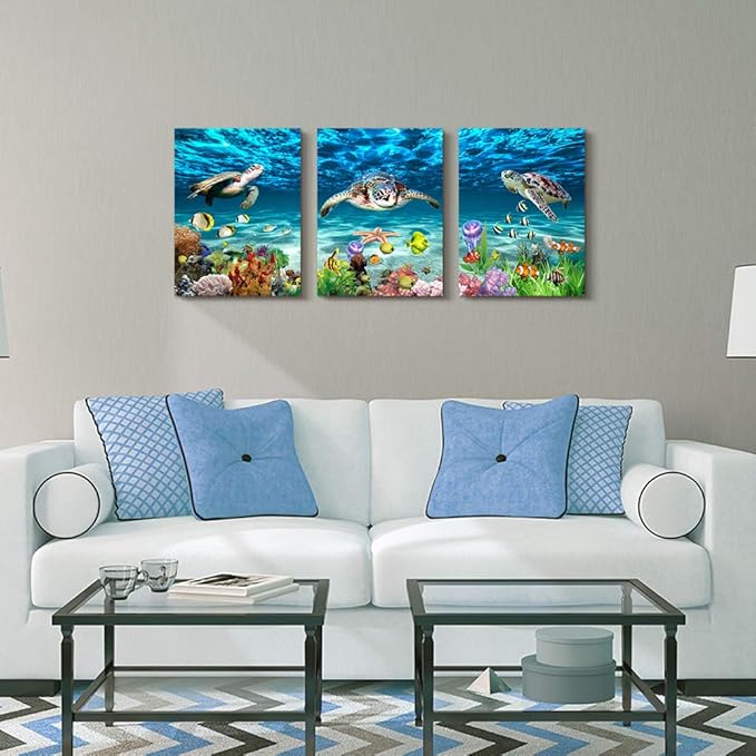 AHUASJART Canvas Wall Art for Living Room family Wall decor for Bedroom Bathroom Wall Decoration blue Ocean Sea Turtle Paintings Modern shark Pictures Artwork office Ready to Hang 12" x 16" 3 Piece-PurrikoPets