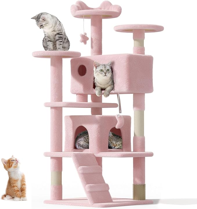54" Cat tree Tower for Indoor Cats Large Adult,Cute/Tall Modern Cat Tree for Big Cats 20 lbs,Plush Multi-Level Cat Condo with Scratching Posts, Dangling Ball for fun play (Soft Pink, 54 inch)-PurrikoPets