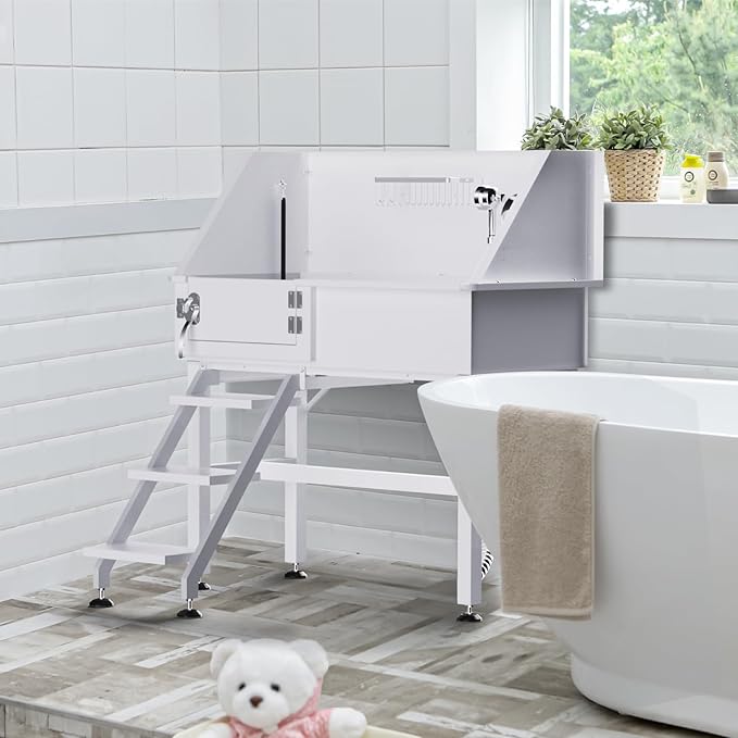Dog Washing Station for Home, 38" White Professional Stainless Steel Dog Grooming Tub, Height Adjustable Dog Bathing Station, Upgrade Parts, Dog Bath Tubs for Small & Medium Dogs(Left Stair)-PurrikoPets