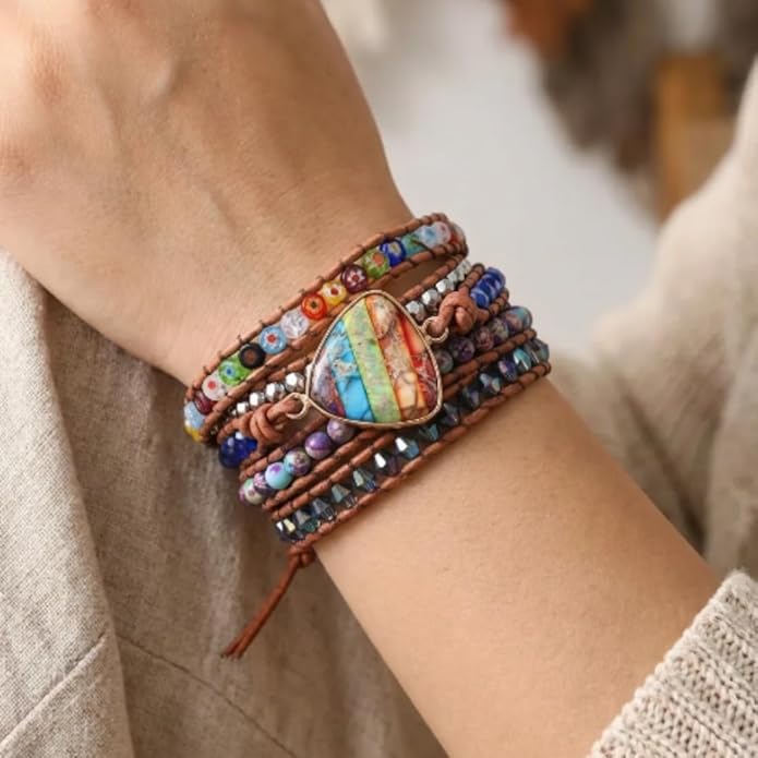 YGLINE Boho Handmade Wrap Leather Tube Crystal Stone Bracelet for Women