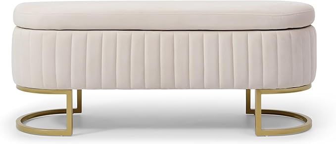 50" Sherpa Storage Ottoman Bench – Velvet Upholstered Bedroom Bench with Golden Metal Legs, Lift-Top Hidden Storage, Modern Footrest for Living Room, Entryway, Bed End (Beige)-PurrikoPets