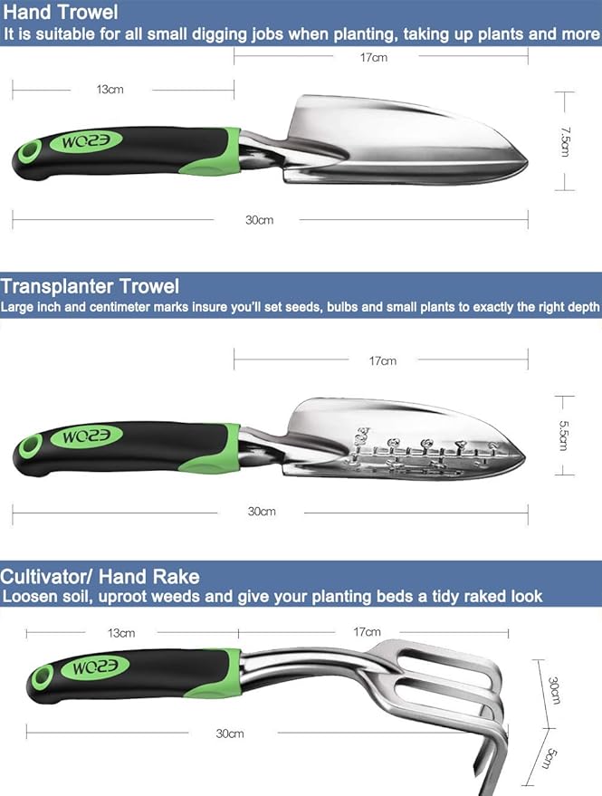 ESOW Garden Tool Set, 3 Piece Cast-Aluminum Heavy Duty Gardening Kit Includes Hand Trowel, Transplant Trowel and Cultivator Hand Rake with Soft Rubberized Non-Slip Ergonomic Handle, Garden Gifts-PurrikoPets