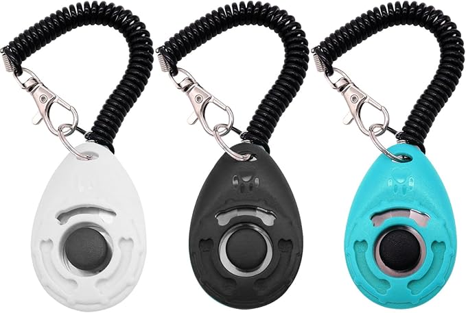 Dog Training Clicker with Wrist Strap Durable Lightweight Easy to Use,Pet Training Clicker for Cats Puppy Birds Horses,Perfect for Behavioral Training 3-Pack (Black,White and Water Lake Blue) (3)-PurrikoPets