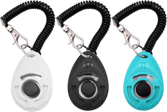 Dog Training Clicker with Wrist Strap Durable Lightweight Easy to Use,Pet Training Clicker for Cats Puppy Birds Horses,Perfect for Behavioral Training 3-Pack (Black,White and Water Lake Blue) (3)-PurrikoPets