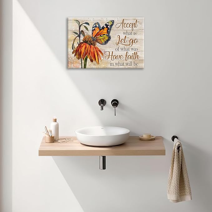 Farmhouse Butterfly Bathroom Pictures Wall Art, Rustic Floral Country Bathroom Wall Decor, Daisy Inspirational Framed Painting Canvas Artwork for Bedroom Living Room Decorations 24"L x 16"W-PurrikoPets