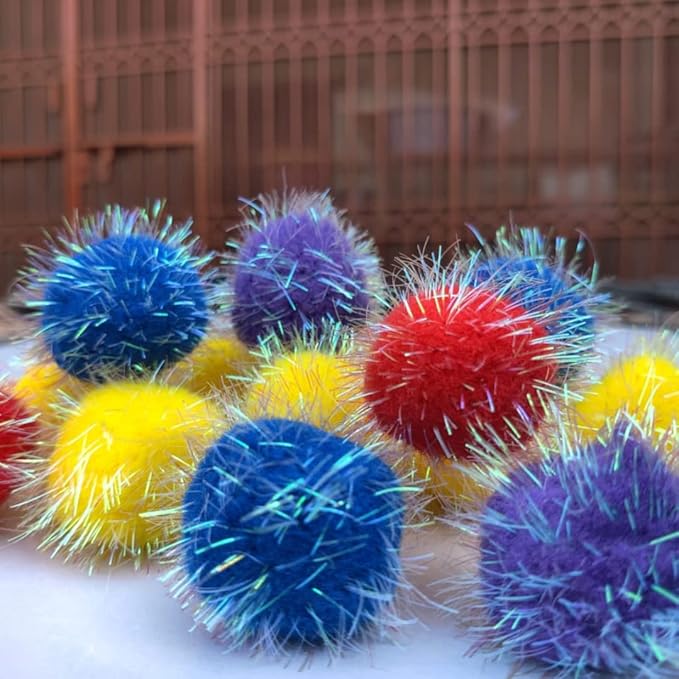 20 Pieces 2 inches Sparkle Pom Pom Balls for Cat - Interactive Glitter Balls, Multicolor, Best as Kitten Play Toys-PurrikoPets
