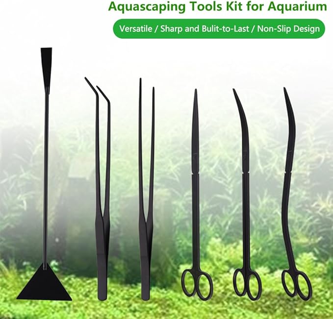 7-in-1 Aquascaping Tools Kit for Aquarium & Terrarium - Stainless Steel Long Tweezers, Curved Scissors, Algae Scraper, Feeding Tongs - Live Plant Trimming & Tank Cleaning Accessories-PurrikoPets