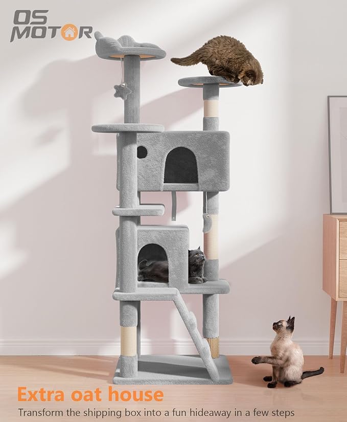 60'' Cat tree Tower for Indoor Cats Large Adult,Cute/Tall Modern Cat Tree for Big Cats 20 lbs,Plush Multi-Level Cat Condo with Scratching Posts,Dangling Ball for fun play(Light Gray, 60 inch)-PurrikoPets