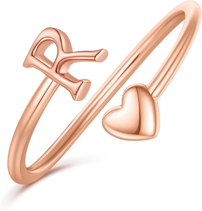 Initial Rings for Women Girls - Valentines Day Gifts for Her, Adjustable Rings for Women Non Tarnish Letter A-Z Dainty Heart Ring Teen Girls Gifts Trendy Stuff Personalized Jewelry Gift