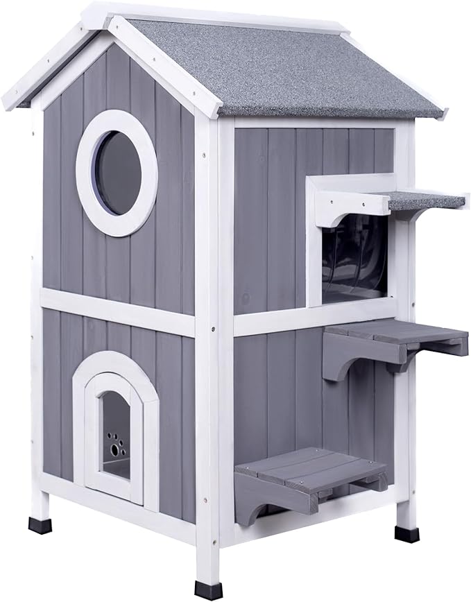 GEGURI Outdoor Cat House Weatherproof, Wooden Two-Story Feral Cat Shelter with Openable Roof, Escape Door, Balcony-PurrikoPets