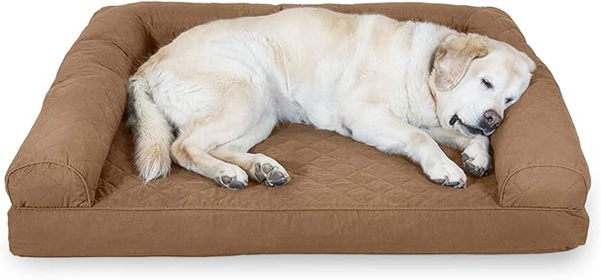 Furhaven Cooling Gel Dog Bed for Large Dogs w/ Removable Bolsters & Washable Cover, For Dogs Up to 95 lbs - Quilted Sofa - Toasted Brown, Jumbo/XL-PurrikoPets