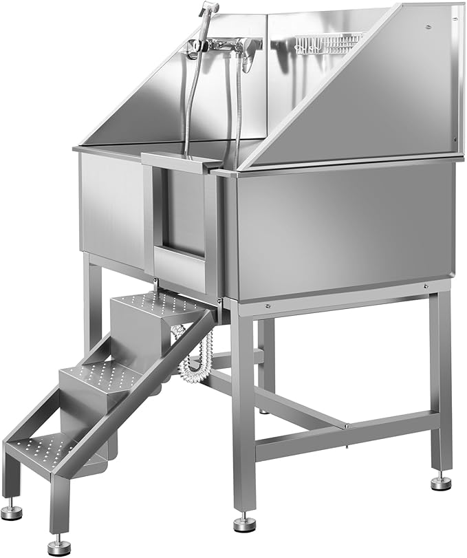 38" Pet Dog Bathing Station W/Stairs, Professional Stainless Steel Dog Grooming Tub W/Soap Box, Faucet,Rich Accessory, Dog Bathtub for Large,Medium,Small Pets, Washing Sink for Home,R-RAMP-PurrikoPets