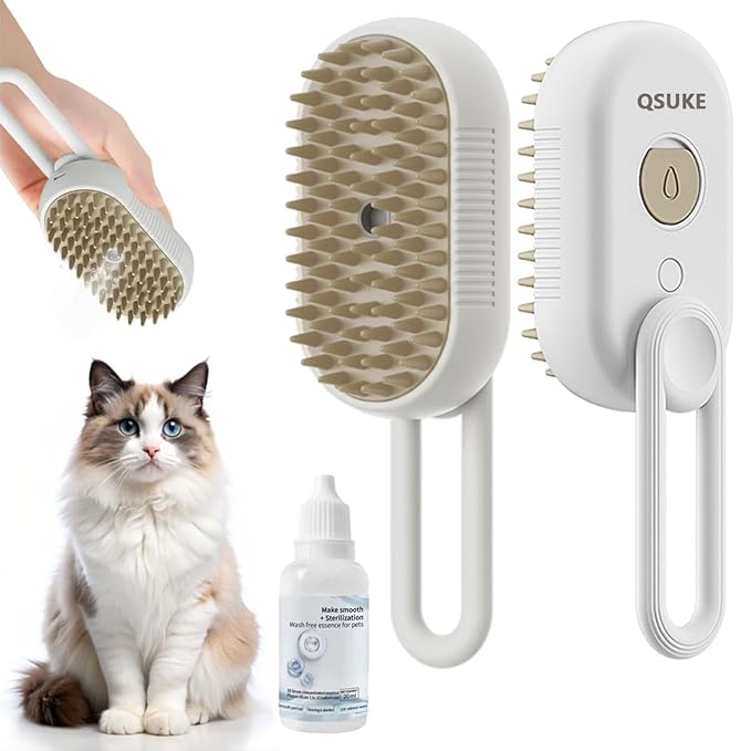 3 in 1 Cat Steam Brush, Pet Steam Cats Brushes Rechargeable Anti-Static Grooming Brushe, Vibration Massage Cleaning Shedding & Combing Multifunctional Hair Removal Comb for Cats Dog (White)-PurrikoPets