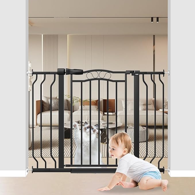 29.53"-43.30" Mornyray Auto-Close Baby Gate Extra Wide, Pressure Mounted Dog & Pet Gate for Stairs Doorways, No Drill Safety Barrier with Lace Design, Metal Child Proof Gate Indoor Outdoor, Black-PurrikoPets
