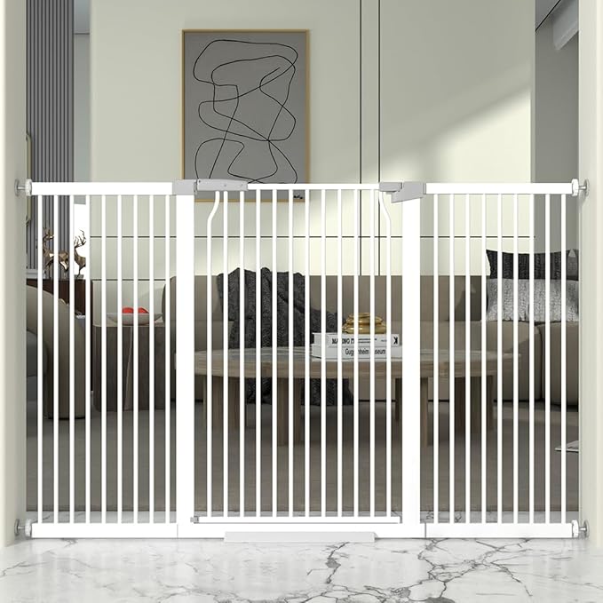 41" Extra Tall and Wide Baby Gate, 63-65.7'' Wide Pet Cat Gate for Doorway, Extra Wide Pressure Mounted Child Door with Expansion Kit, Metal Safe Gate, Tall Dog Gate, White-PurrikoPets