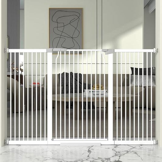 41" Extra Tall and Wide Baby Gate, 63-65.7'' Wide Pet Cat Gate for Doorway, Extra Wide Pressure Mounted Child Door with Expansion Kit, Metal Safe Gate, Tall Dog Gate, White-PurrikoPets