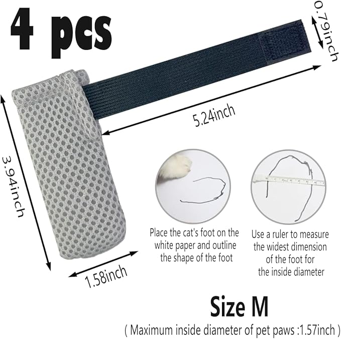 4 PCS Cat Mittens to Prevent Scratching,Mesh Breathable Cat Shoes,Adjustable Cats Anti Scratch Gloves,Suitable for Cats When Bathing and Nail Trimming(M,Grey)-PurrikoPets