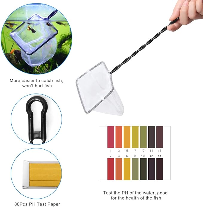 7 in 1 Aquarium Aquascape Tool Kit 15 inch, Aquatic Plant Extra Long Aquascaping Tool for Aquarium Fish Tanks Clean Accessories Set with Silver Tweezer Scissor Spatula, Fish Net, PH Paper, Bag-PurrikoPets